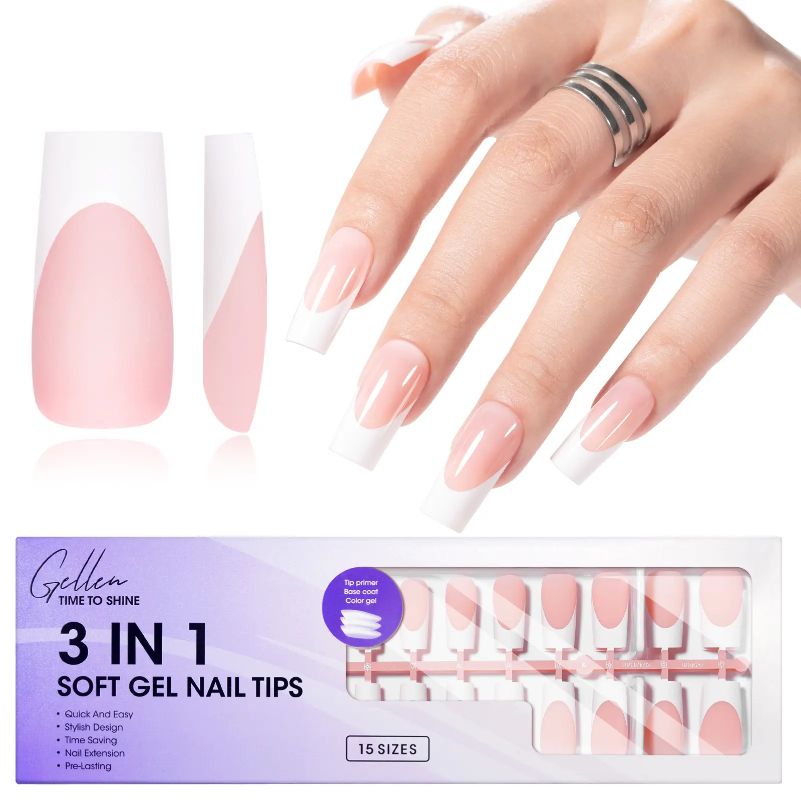 Gellen French Soft Gel Nail Tips - Classic Milky Long Square  (150pcs 15 sizes)  NO glue included