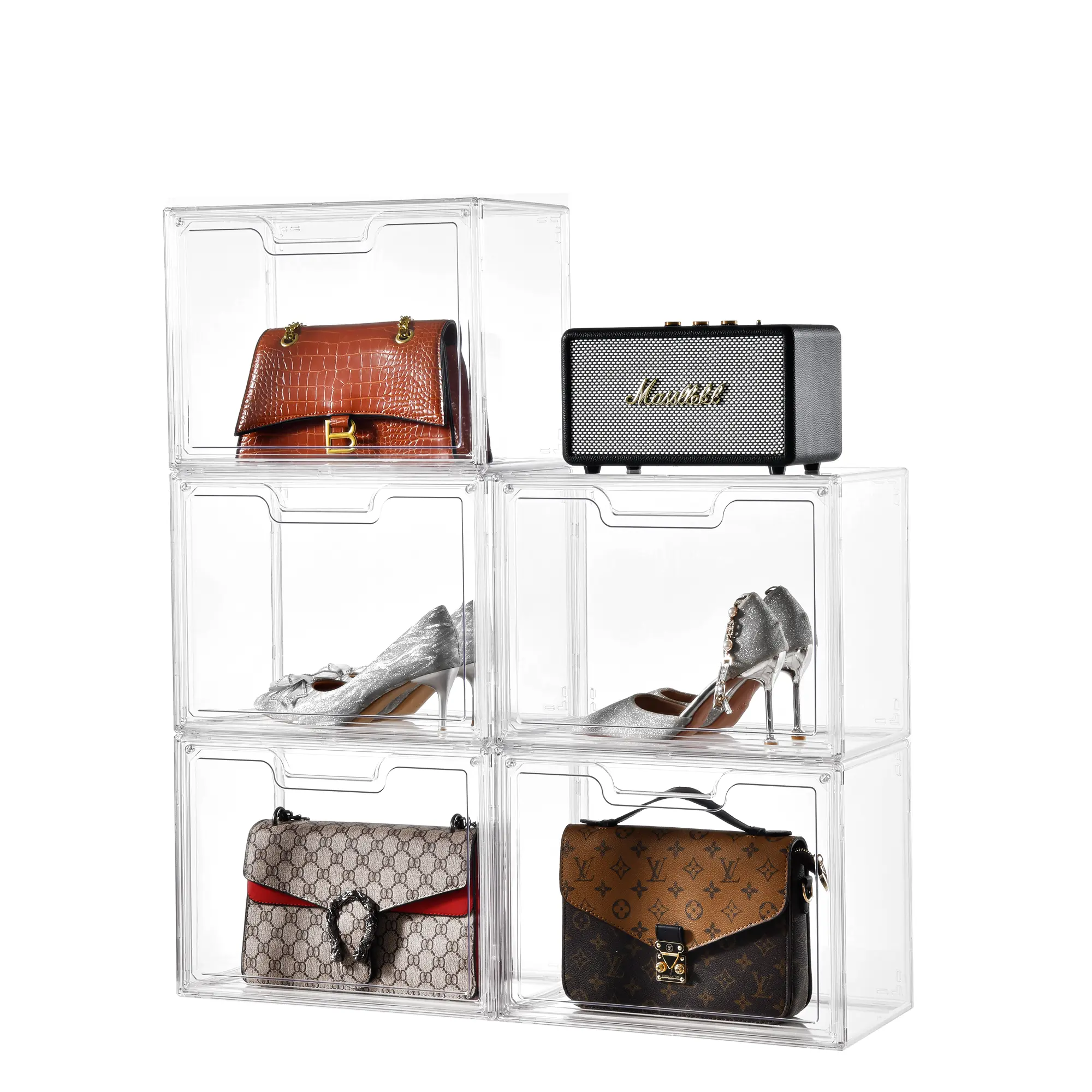 (5 Pack) Purse & Handbag Organizer - Stackable Bin Storage Boxes with Magnetic Door, High Transparency Acrylic Clever Storage for Closet Clothes, Easy Assembly Home Organizer