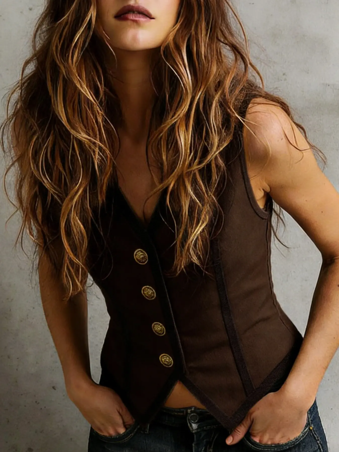 Elegant Sexy Casual Vintage Court Style Aesthetics Elegance Lace Trim V Neck Button Front Waist Slimming Fit Women's Sleeveless chic elegant Vest Top Casual Waistcoat, Fall Winter Spring Date Commute Womenswear