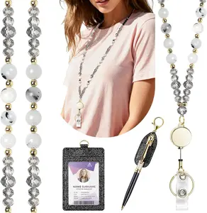 Lanyards for ID Badges and ,  Stone Beaded Teacher Lanyard with Bling ID Badge Holder and Pen Holder, Cute Retractable Badge Lanyard for Women (Black)