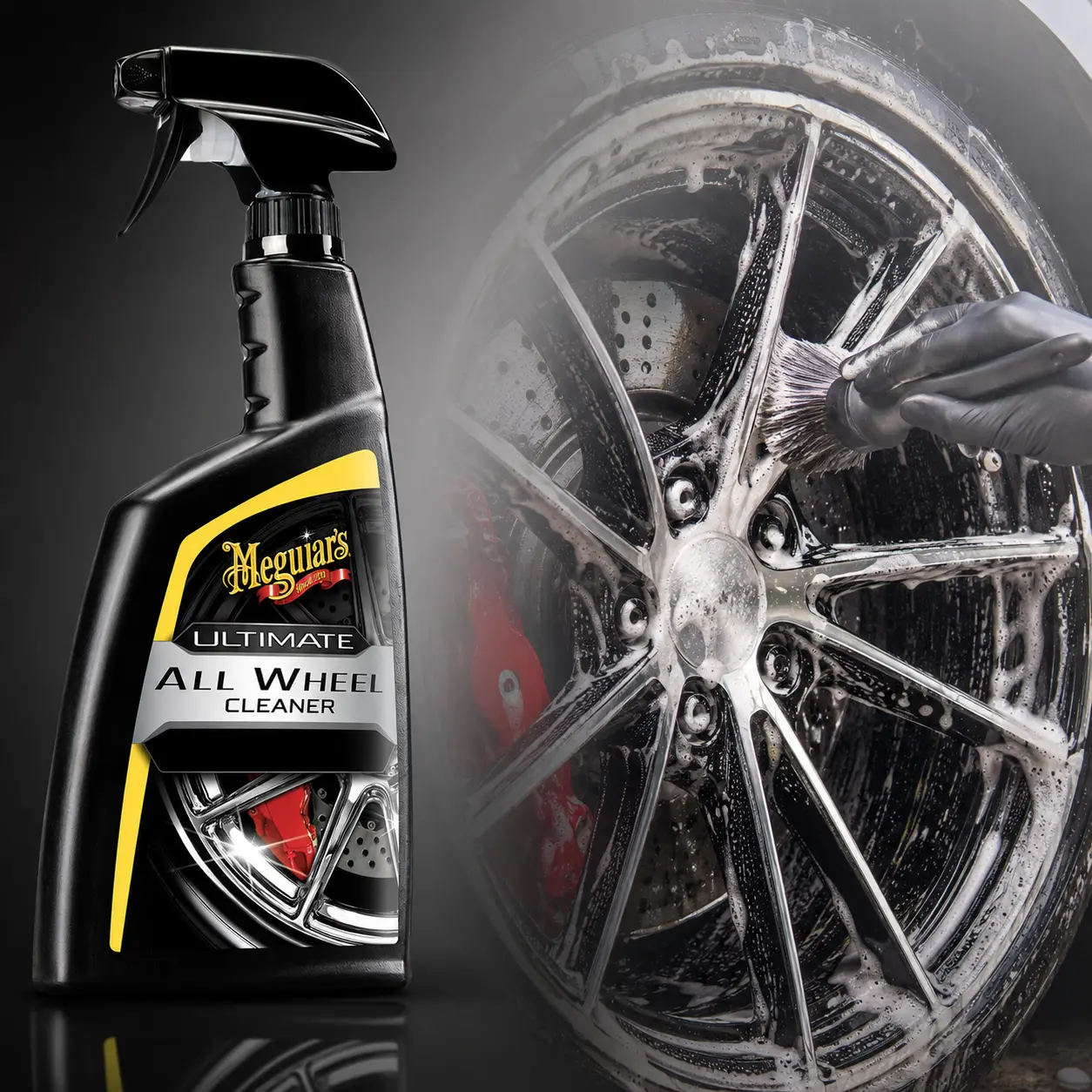 Meguiar's Ultimate All Wheel Cleaner, wheel cleaner spray, brake dust remover, road grime, color changing gel, purple reaction, brown grime lift, acid free, pH balanced, safe all wheels, painted brakes, chrome rims, alloy wheels, car detailing, truck SUV