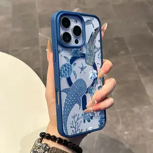 Ocean World MagSafe Case  Whale Shark Turtle Print Klein Blue Border for iPhone 17 16 15 14 Pro Max 13 12 11 XR XS whalesshark MagSafe Ready, Anti-Slip, Ultra Thin |   Aesthetic Touch for Daily Use Shockproof Tpu Cover