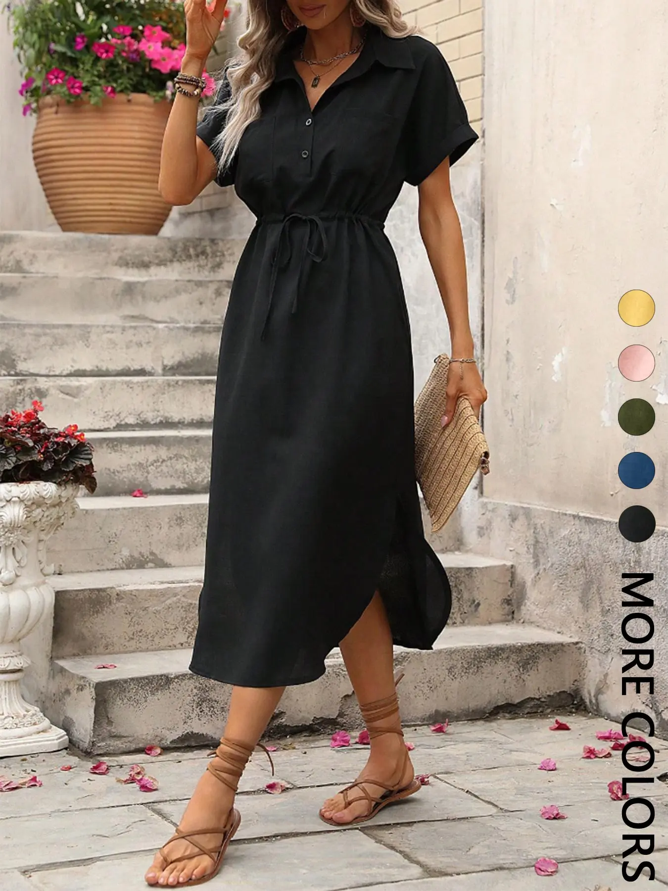 1 piece Women's Summer Short Sleeve Collared Midi Dress, Drawstring Waist, Adjustable Waist Dress, Casual Dresses, Fit, Casual Street Style Minimalist Fashion for Everyday Looks, Beach Summer Dress, Beach Holiday Dress, Womenswear