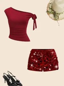 Women's Summer New Asymmetrical Crop Top & Sequin Graphic Shorts Set, Design, Single Shoulder Knot Tie, Slim-Fitting, Pure Desire Look, Chic Outfit