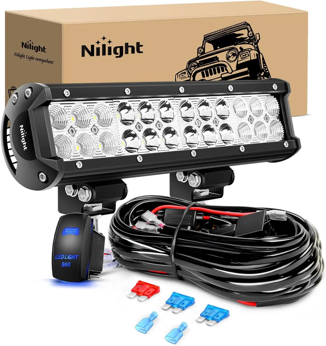 Nilight - ZH084 LED Light Bar 12Inch 72W Spot Flood Combo LED Off Road Lights 12V 5Pin Rocker Switch Wiring Harness Kit- One Lead lightbars ledbarlight lightbar truck led, Led Lights Car, Auxiliary Lights