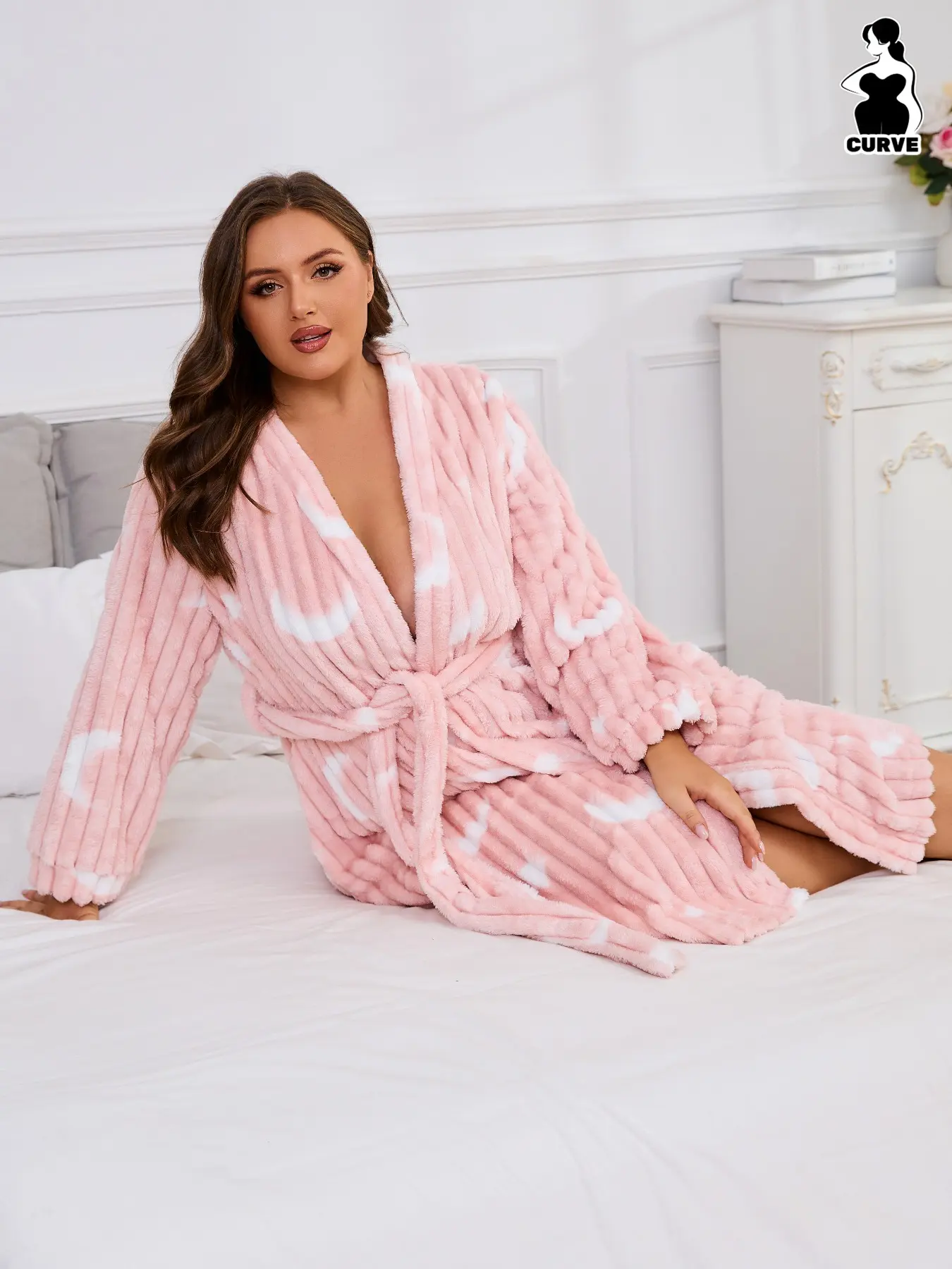 Women's Plus Size Knitted Fleece Striped Loose Long Sleeve Casual Robe, Soft Comfortable Sleepwear for Fall Winter, Home Wear Loungewear, Casual Soft Bathrobe