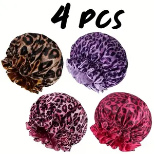 4 PCS Women's Reversible Silk Bonnet Double Layer Satin Sleep Hat for Sleeping Makeup Pink Leopard Print Extra Size Comfortable & Stylish Haircare Daily Heatless