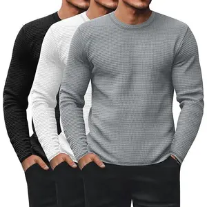 3 Pack Men's Waffle Long Sleeve Shirts, Crew Neck Thermal Underwear Tops Casual Pullover Sweaters Knit Undershirts