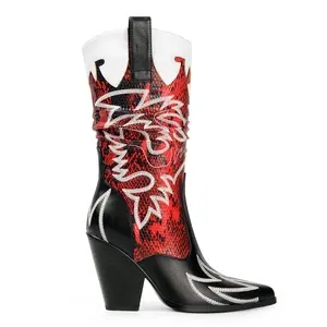 ANN CREEK Women's Contrast Cowboy Boots Cowgirl Mid Calf Boots with Red Snake Print and Black Faux Leather Accents Stylish Design for Versatile Wear