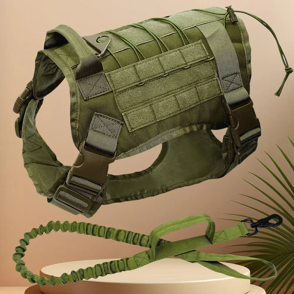 No Pull Military Tactical Nylon Dog Harness - Padded Harness Straps, Adjustable Safety Strap Vest, Elastic No-Tangle Leash, Quick Training Control - Green, Medium/Large Dogs