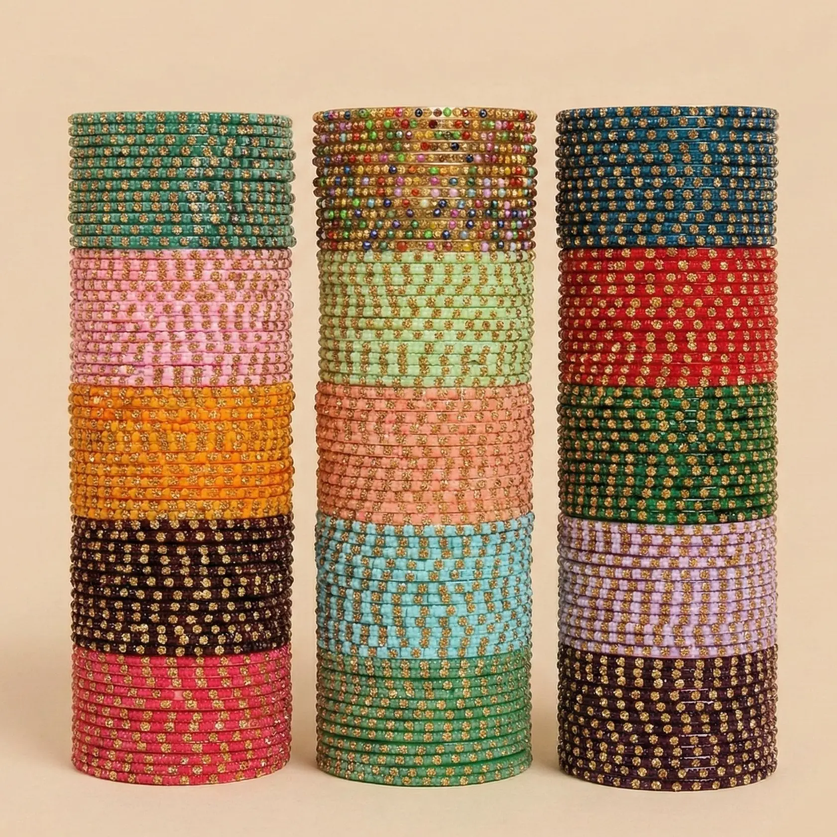 Shahi Bindi Stone Glass Bangle Set - 12-Piece Jewelry Stack, Multi-Size, Colorful Base, Festive Finish, Gold Aesthetic, Shimmering Stones, Fade-Resistant, Ideal for Diwali Festive Occasions, Trendy Stack Bangle, Bling Effect, Casual, Bangles Bracelets Set