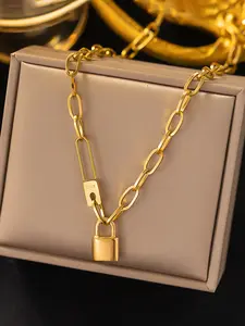 Lock pendant 14K gold-plated necklace, fashionable jewelry for women and girls, pairs with jackets and sweatshirts, durable and stylish design
