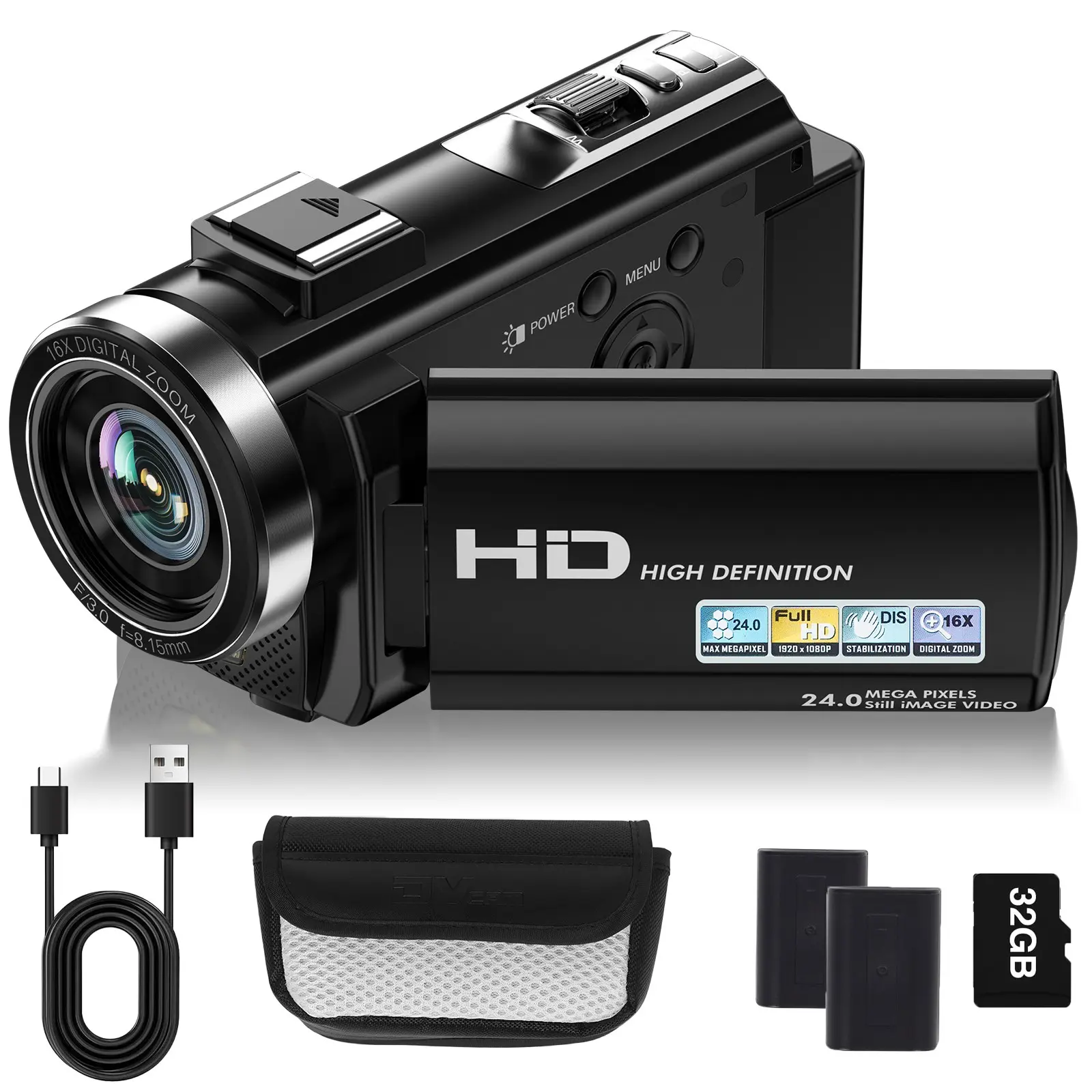 1080P Digital Camcorder, Full HD 30FPS Video Camera Recorder 24MP 3" Rotation Screen,16X Zoom Handheld Camcorder for YouTube Vlogging, Video Blog Camera, Includes Remote & 32GB Memory Card, Mini Camcorder