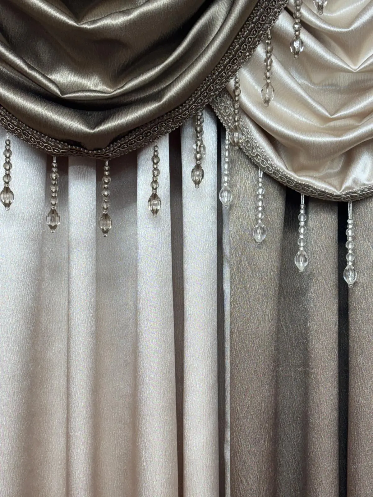 Luxury Regency Taupe & Beige 6PC Curtain Set With Crystal Waterfall Valance