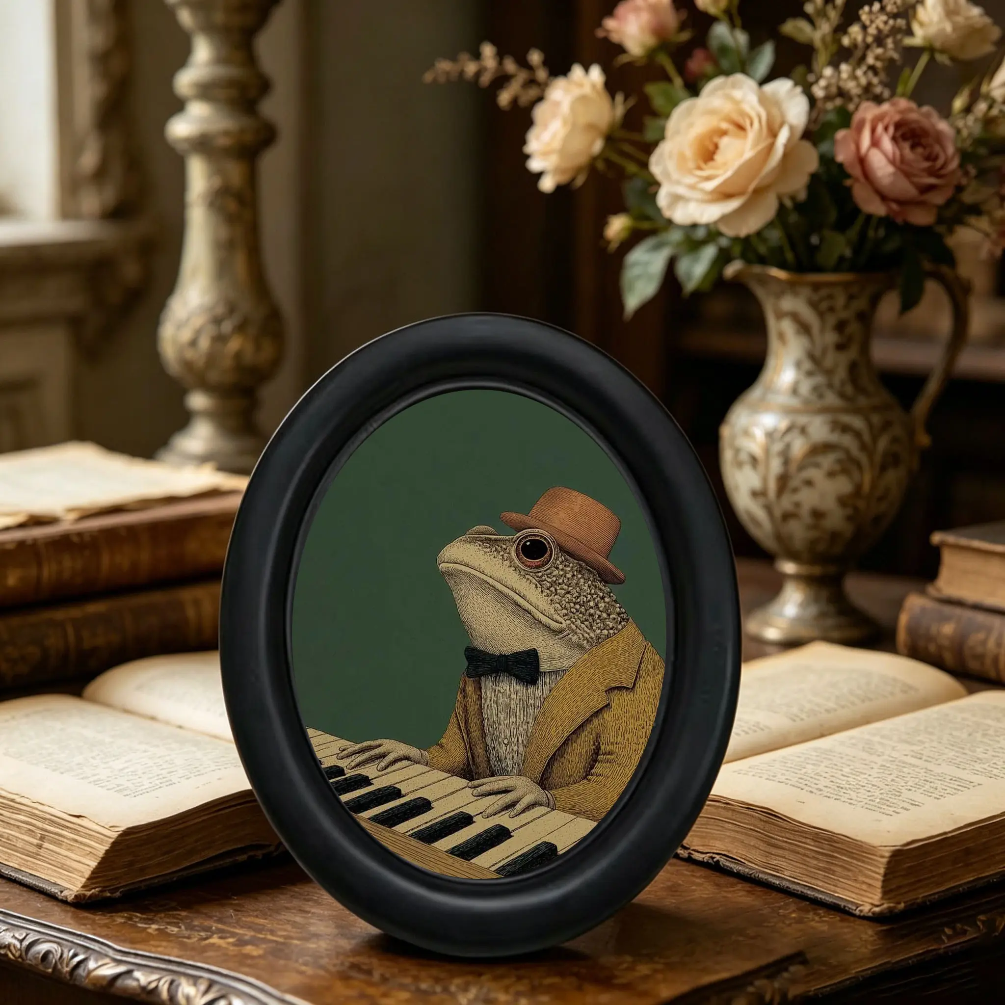 Vintage Fun Piano Player Frog Decoration, Elliptical Frame Bedroom Desk Art, Retro Musical Scene Ornament, Unique Home Decor Item, Desktop Ornament