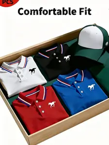 Men's Polo Shirt Set, Casual Fashion Home Wear, Solid Color Short Sleeve Horse Print, Contrast Collar, Breathable Daily/golf Shirts, Multiple Colors, Menswear