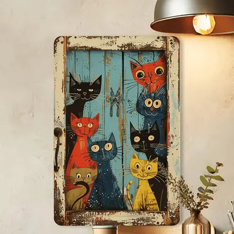One Whimsical Cat Peeking Vintage - with Vibrant Cartoon Cats for Country Wall Art, Suitable for Home, Bar, Tavern or Outdoor Decor