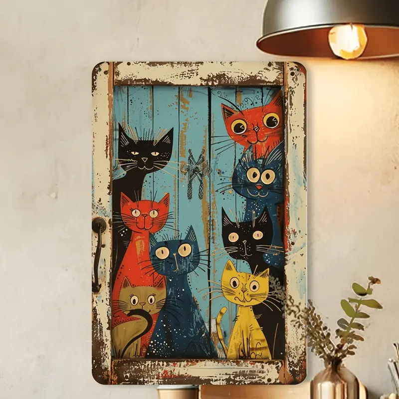 One Whimsical Cat Peeking Vintage - with Vibrant Cartoon Cats for Country Wall Art, Suitable for Home, Bar, Tavern or Outdoor Decor