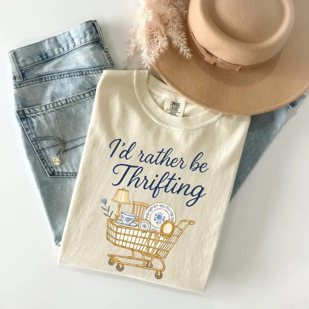 Comfort Colors I’d Rather Be Thrifting T-Shirt, thrift aesthetic Tshirt, blue and gold vintage decor cart, thrifting graphic, boutique style T-Shirt