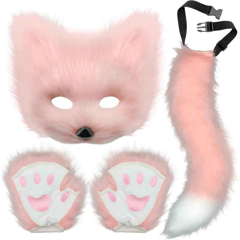 GJ-L-GCS067  Faux Fur Cat Fox Mask Tail and Paw Set, Wolf Furry Suit Plush Therian Accessories Kit