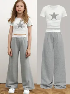 Girls' Summer Sportswear Set, Solid Color Knit Short Sleeve Top and Contrast Waist Straight Leg Pants, Casual Fashion for Kids
