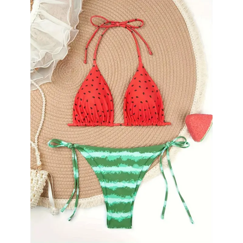 Women's Watermelon Print 2-Piece Bikini Set - Sexy Halter Neck, Tie-Side High-Cut Elastane-Polyester Blend Bottoms, Non-Transparent Knit, Glossy Finish, Ideal for Summer Beachwear, Side Tie Bottoms