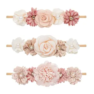 L-HDW034 Baby Girls Flower-Headband Elastic-Nylon Hairbands Floral Crown for Newborn Infant Toddler Pack of 3