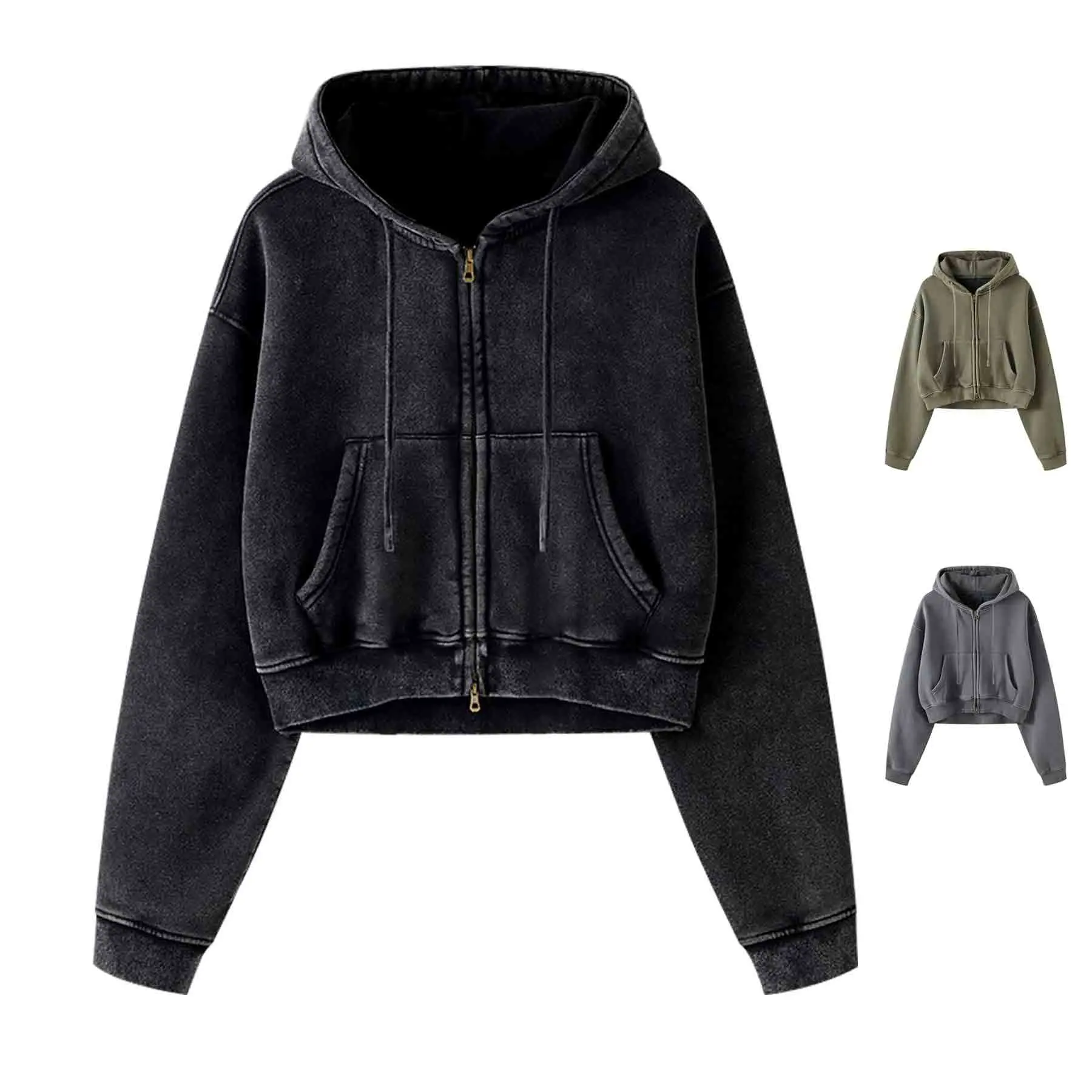Arssm Women’s Cropped Zip-Up Hoodie – Acid Wash Double Zipper Short Sweatshirt for Trendy Streetwear & Casual Fall Outfits