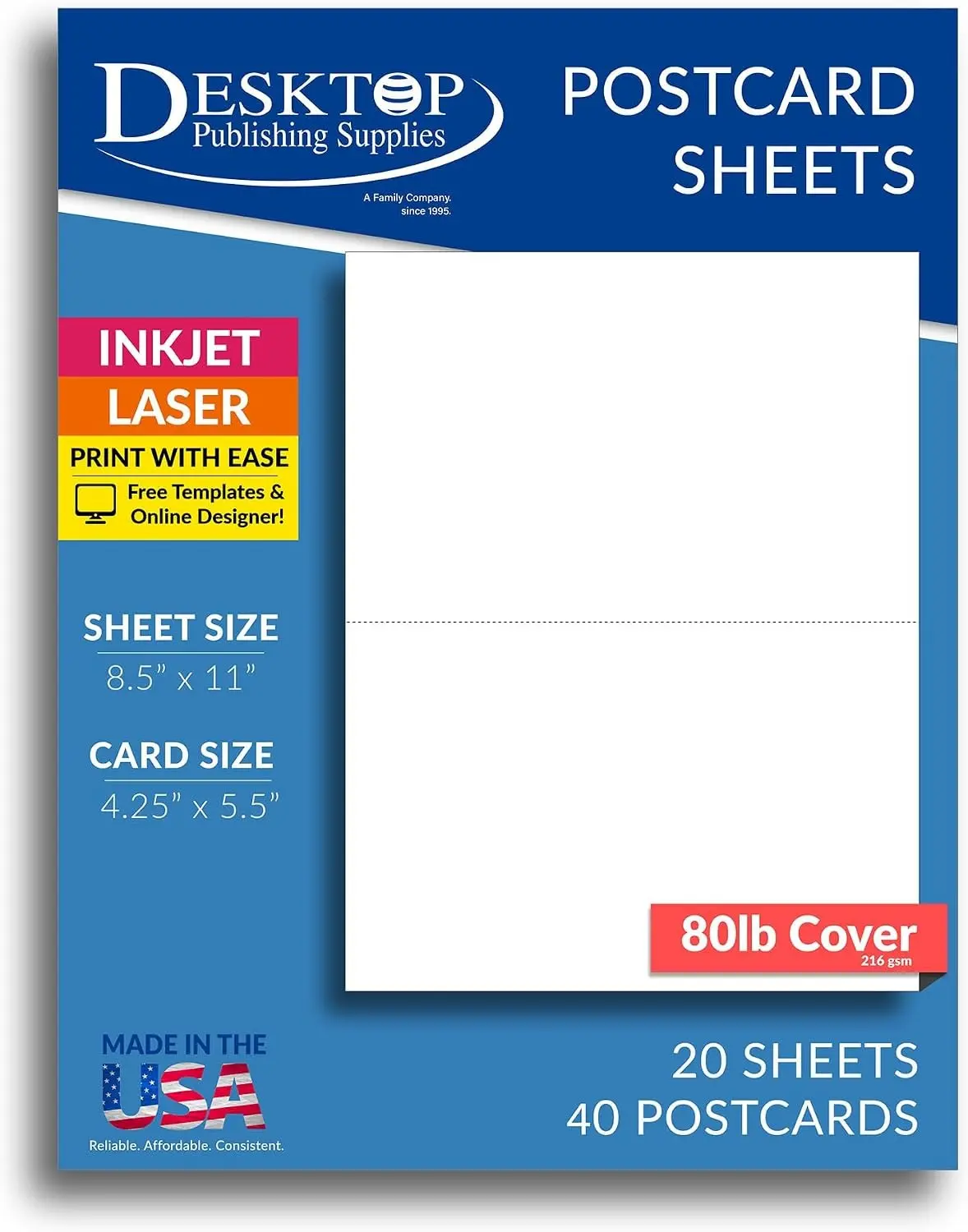 40 Blank White Perforated Cardstock Postcards - 8.5" x 11" Jumbo Postcard Paper 2 Per Sheet 5.5" x 8.5" - 20 Sheets, 80lb Cover (218 GSM), 2-Up Postcards for Printing, Marketing, Direct Mail, Events