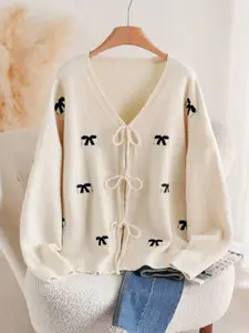 Plus Size Casual Minimalist Loose Knit Butterfly Pattern Long Sleeve Drawstring Cardigan, Spring & Fall Fashion, Moderate Fabric Thickness