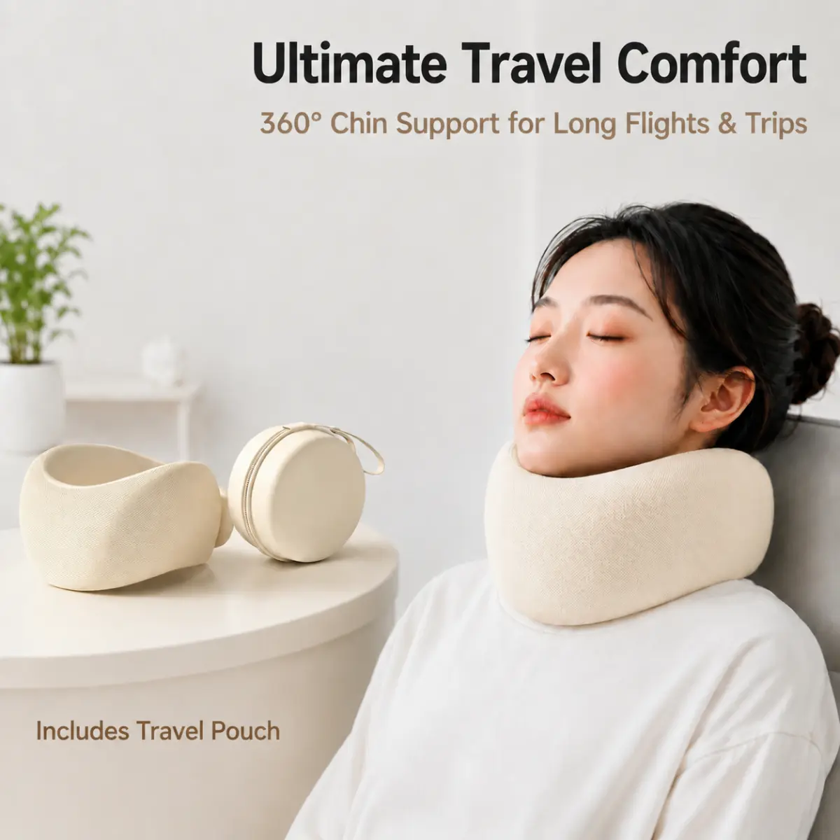 360° Firm Support Travel Pillow with Chin Support - Anti-Head Drop Memory Foam Neck Pillow for Airplane, Car & Long Flights, Compact Roll-Up Pouch
