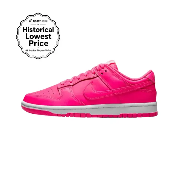 NIKE Women's Dunk Low Hyper Pink Leather Sports Shoes for Girls, Low-Top Lace-up Athletic Trainer for Casual Walking, Rubber, Breathable, Classic Women's Sneaker
