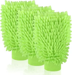 3 Pack Chenille Microfiber Car Wash Mitt 7" x 9.6" Scratch-Free Lint-Free Highly Absorbent Double Sided for Cleaning Detailing Polish Green