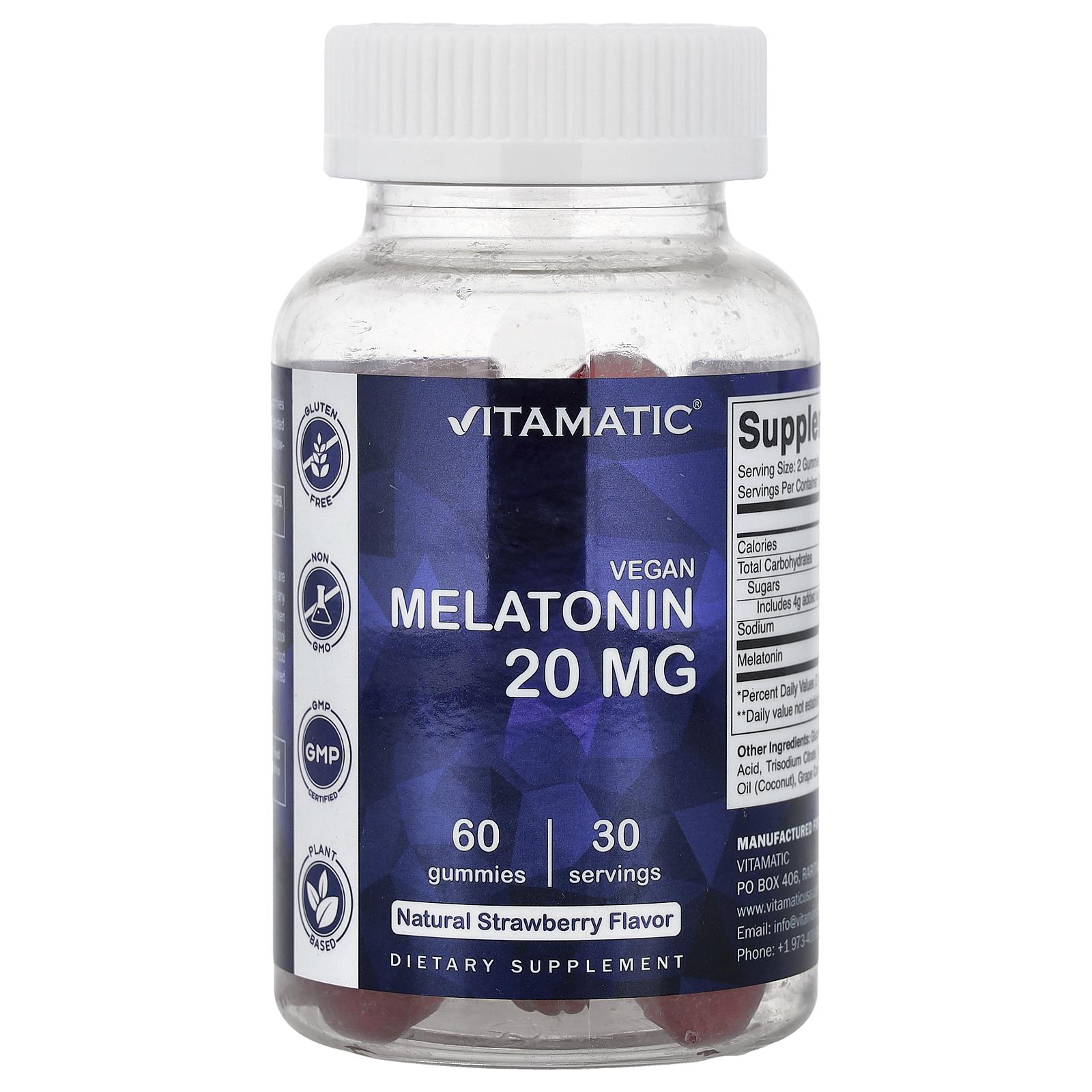 Vitamatic Vegan Melatonin Gummies, Natural Strawberry, 60 Gummies (10 mg per Gummy)