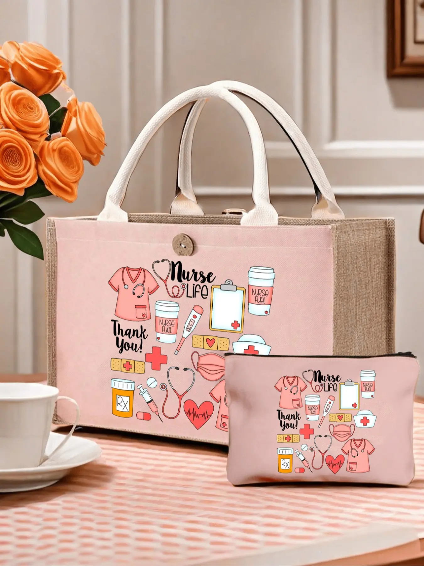 Nurse Themed Tote Bag, Nurse Work Tote, and Matching Makeup Bag, Pink Canvas, With Stethoscope, Heart, Syringe, Thermometer Graphic Print, Nurse Daily Necessities, Multi-Purpose Storage Bag Toiletry Bag, Commuter Tote