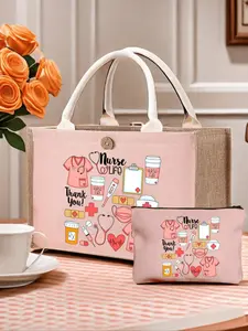 Nurse Themed Tote Bag, Matching Makeup Bag, Travel Purse, Gift Ready, Pink Canvas Large Capacity Handbag, With Stethoscope, Heart, Syringe, Thermometer Graphic Print, Nurse Daily Necessities, Multi-Purpose Storage Bag Toiletry Bag, Organizer Clutch