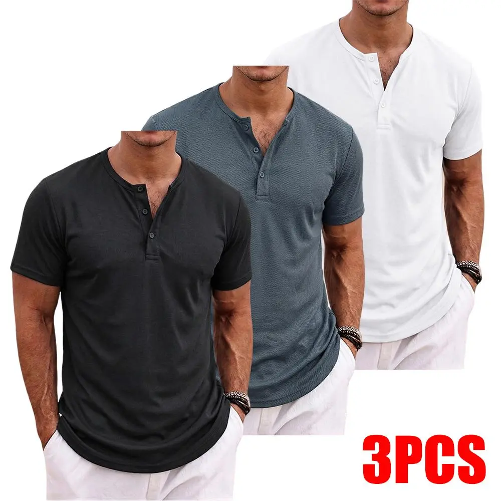Men's 3-Pack Solid-Color Henley Crew-Neck Short-Sleeve T-Shirts - Short Sleeve Shirt with Button Design, Casual Tops for Fitness, Everyday Wear