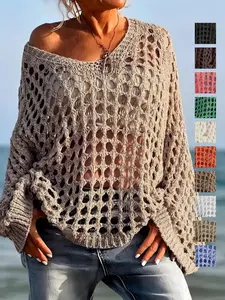 Women's Hollow Out V Neck Knit Sweater, Loose Batwing Sleeves, Shoulderless Boho Style, Long Sleeve, Casual Vacation Wear, Womenswear Knitwear Bohemian Tops