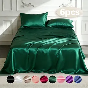 6-piece 100% polyester satin bed sheet set, including (1 fitted sheet + 1 flat sheet + 4 pillowcases), complete bedding set, solid color, machine washable - bedroom essentials, suitable for single, double, king, and queen size beds.