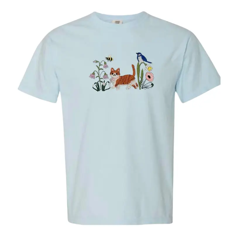 Spring floral meadow cat dainty embroidered comfort colors shirt/ spring shirt/ comfort colors tee/ spring cat shirt