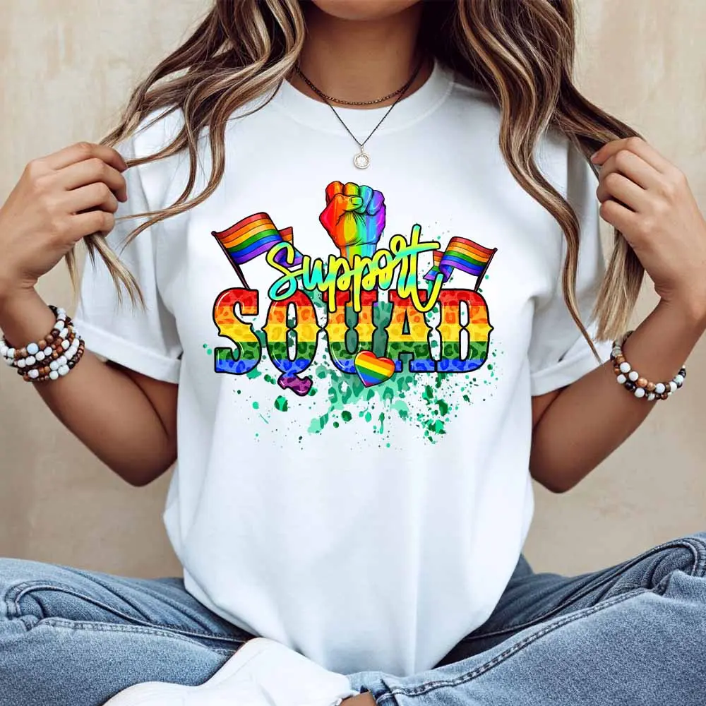 Rainbow Pride Support Squad Print T Shirt White Casual Loose Fit For Everyday Wear And Sports Activities