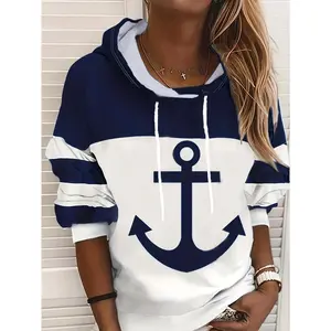 Anchor Print Drawstring Hoodies, Casual Color Block Long Sleeve Sweatshirt, Women's Clothing