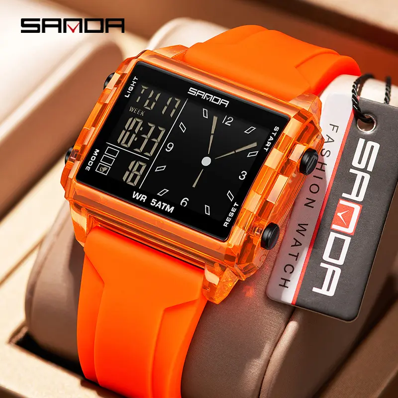 Unisex Bright Orange Transparent Square Wrist Watch - Bold Neon Tone, Dual Display Dial, Sporty Band, Vibrant Statement Design, for Everyday & Streetwear Looks