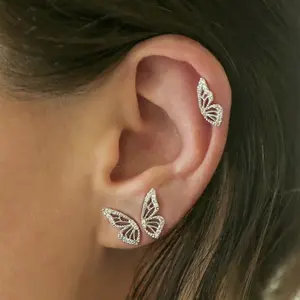 Luxval Butterfly Wing Earrings 18K Gold Plated CZ Simulated Diamond Silver Stud Earrings Tiny Butterfly Cartilage Earrings for women Gold Stud Earrings for Girls