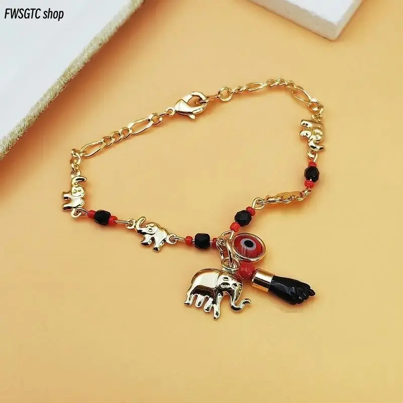 14K Real Gold Plated Elephant Evil Eye Anklet & Bracelet for Women, Adjustable Bohemian Style Jewelry, Hypoallergenic Lucky Protection Accessory for Daily & Festival Wear
