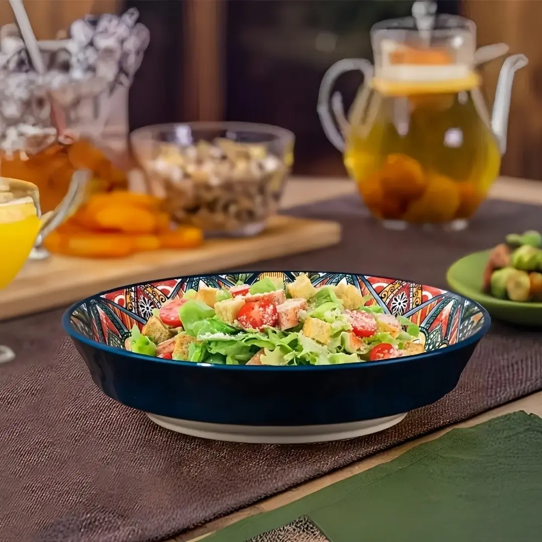 Bohemian Ceramic Plate Set, 8 Inch Round Salad Plates, Floral Geometric Pattern, Microwave & Oven Safe, for Salad, Fruit & Rice