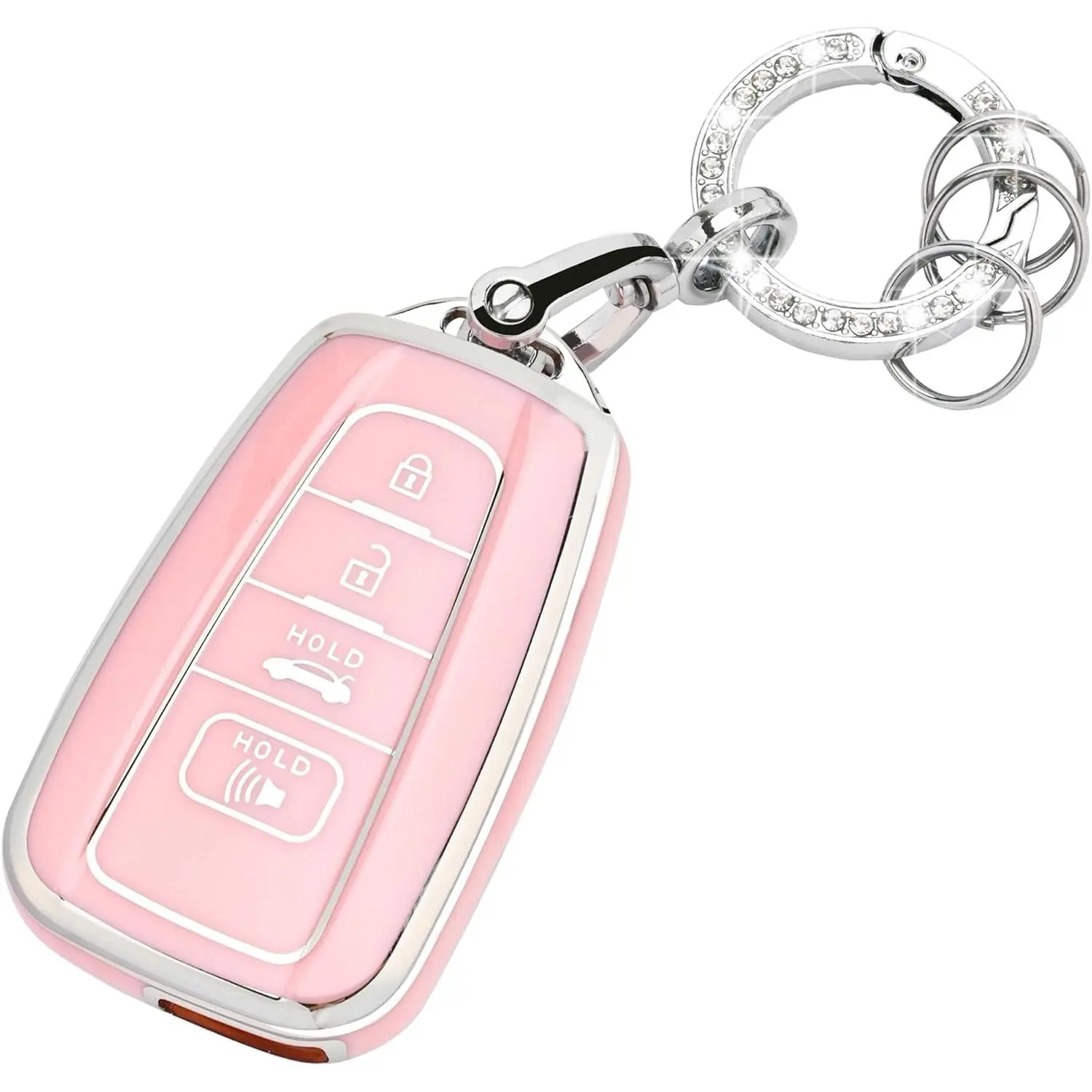 Toyota Key Fob Shell Cover Soft TPU Case Protector for 2018-2024 RAV4 Camry Avalon Corolla Highlander C-HR Prius Corolla GT86 4 Button with Bling Keychain Pink Girly Gift c-hr gt86 prius Car Key Accessory, Car Key Protector, Girly Car Accessories