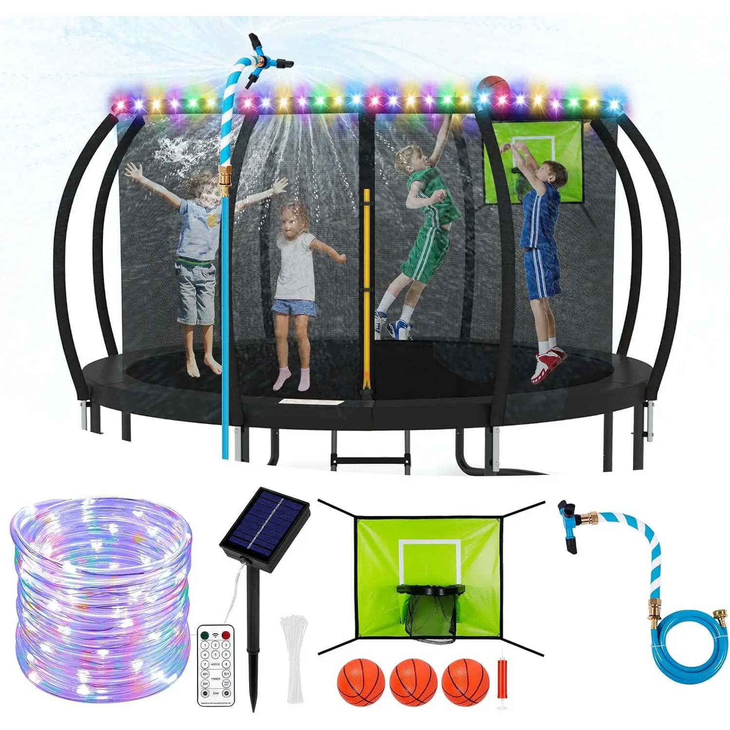 Trampoline Accessories Kit Kids,Basketball Hoop with 3 Mini Basketballs,50FT Solar Lights Fit 8 10 12 14 15 16FT Trampoline Outdoor 8 Mode,Choose from 2 Kits with Sprinkler or Dart Board & Glow Net