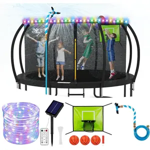 Trampoline Accessories Kit Kids,Basketball Hoop with 3 Mini Basketballs,50FT Solar Lights Fit 8 10 12 14 15 16FT Trampoline Outdoor 8 Mode,Choose from 2 Kits with Sprinkler or Dart Board & Glow Net