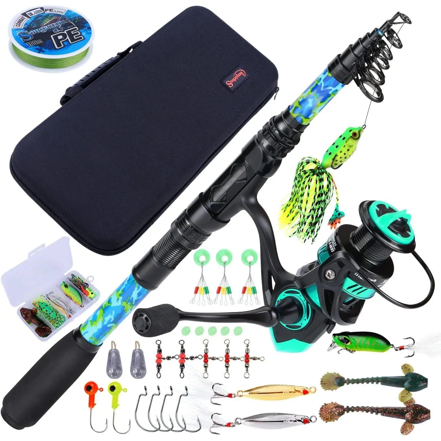 Telescopic Fishing Rod and Reel Combo - Full Kit with Carrier Bag, 11+1 Bearings Spinning Reel, Carbon Fiber Travel Pole for Bass, Trout, Catfish, Redfish - Saltwater Freshwater